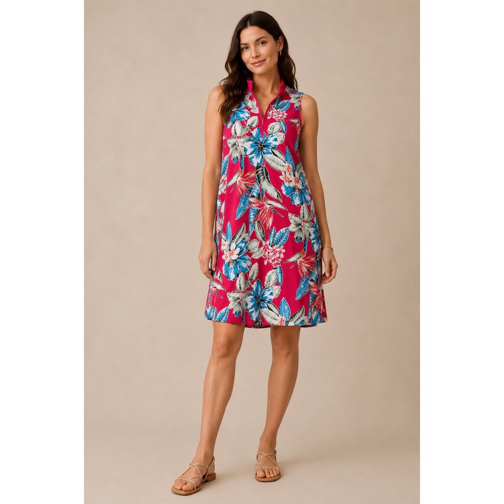 Tommy Bahama Fuchsia Tropical Floral Sleeveless Collared Mini Dress